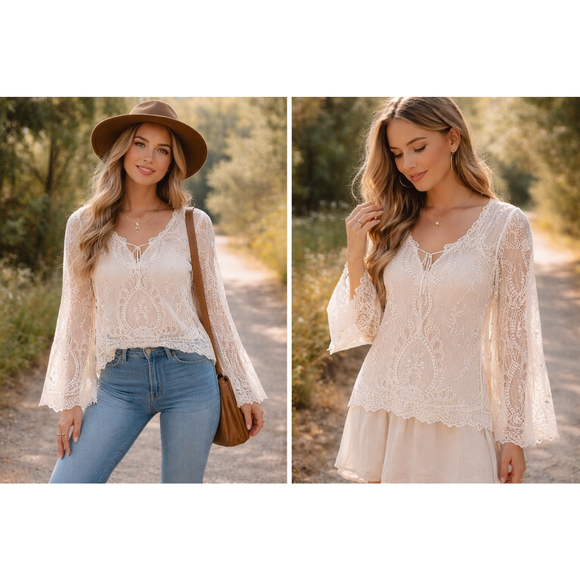 American Rag Tops - American Rag Lace Boho Blouse Cream Sheer Tassel Bell Sleeve Size S NWOT